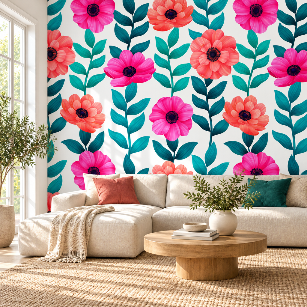 Petal Parade, peel and stick wallpaper styled on a feature wall