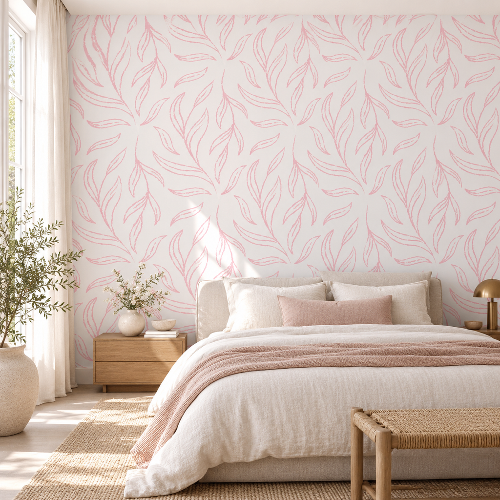 Petal Sketch, peel and stick wallpaper styled on a feature wall