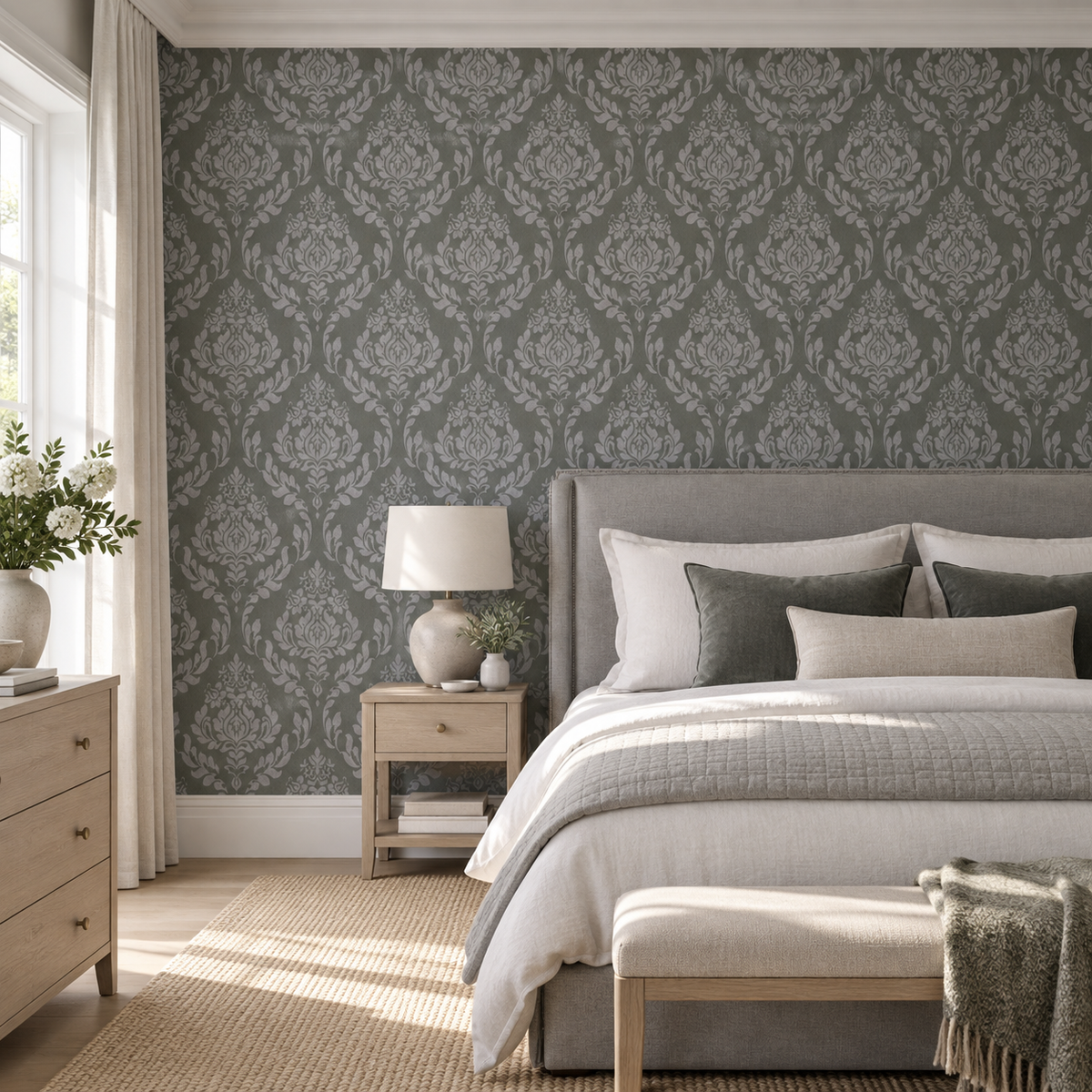 Pewter Damask, peel and stick wallpaper styled on a feature wall
