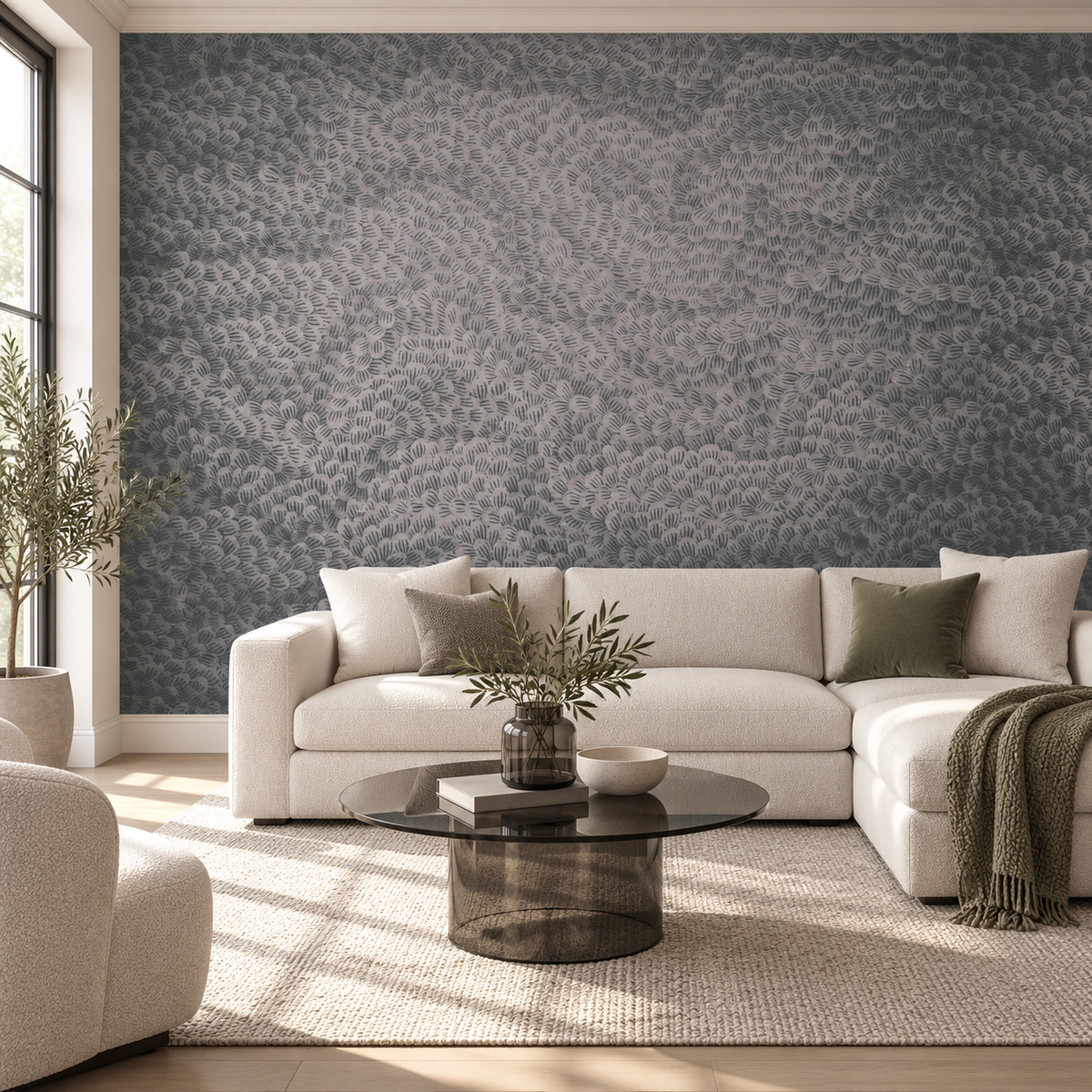 Pewter Swirl, peel and stick wallpaper styled on a feature wall