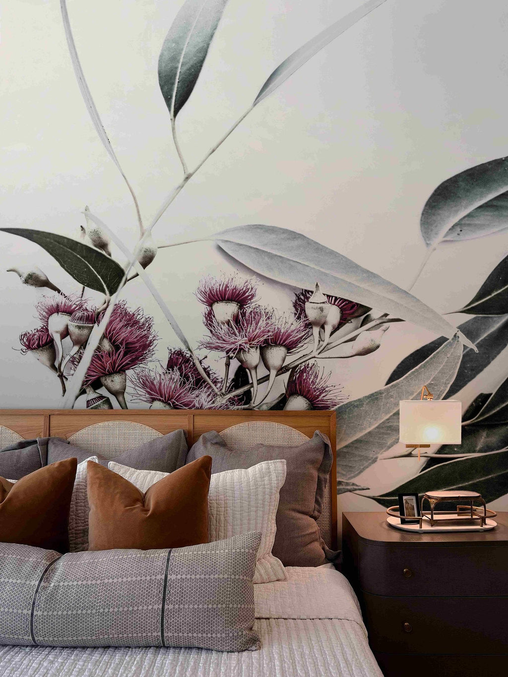 Pink Flowering Gum mural by De-Anne Strange, peel and stick wallpaper styled in a room