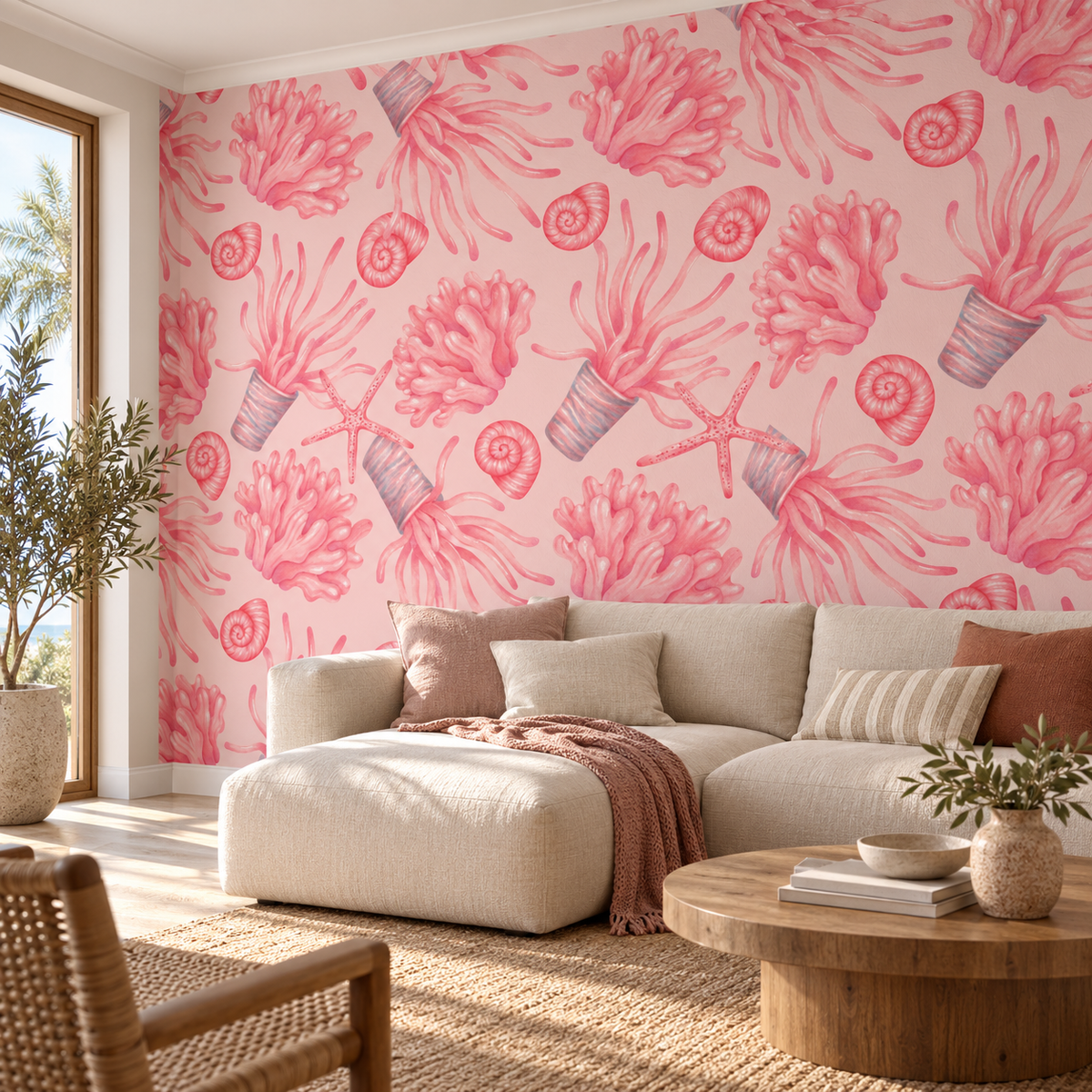Pink Reef, peel and stick wallpaper styled on a feature wall