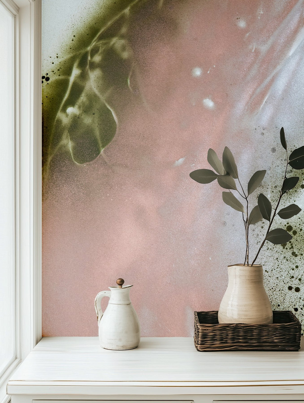 Platinum mural by De-Anne Strange, peel and stick wallpaper styled in a room