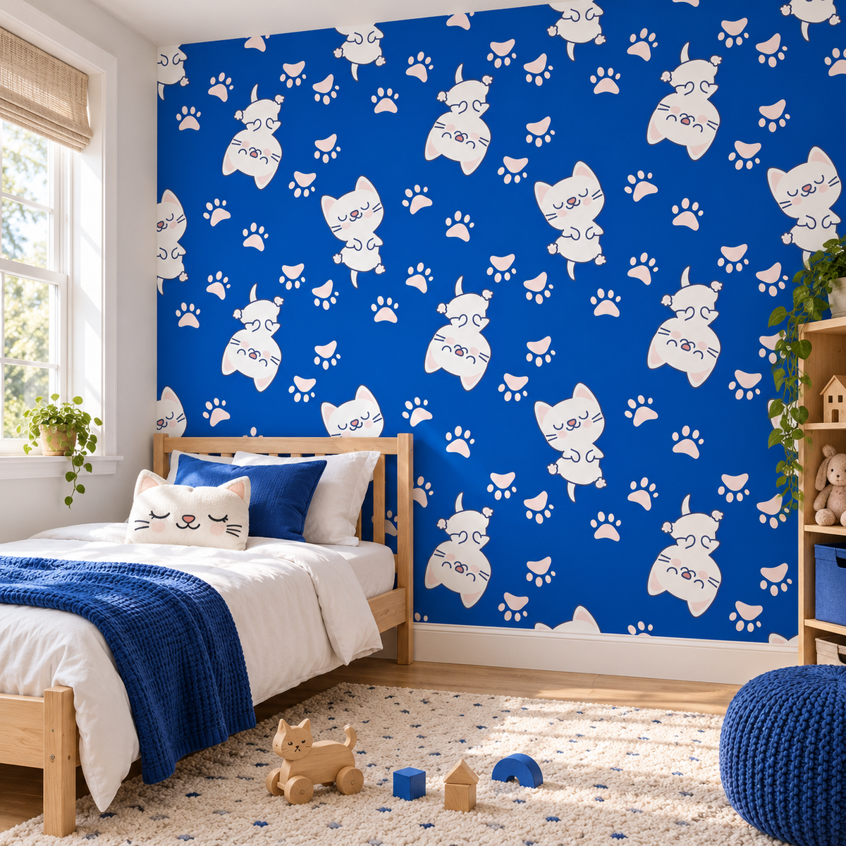 Kitten Pawprints, peel and stick wallpaper styled on a feature wall