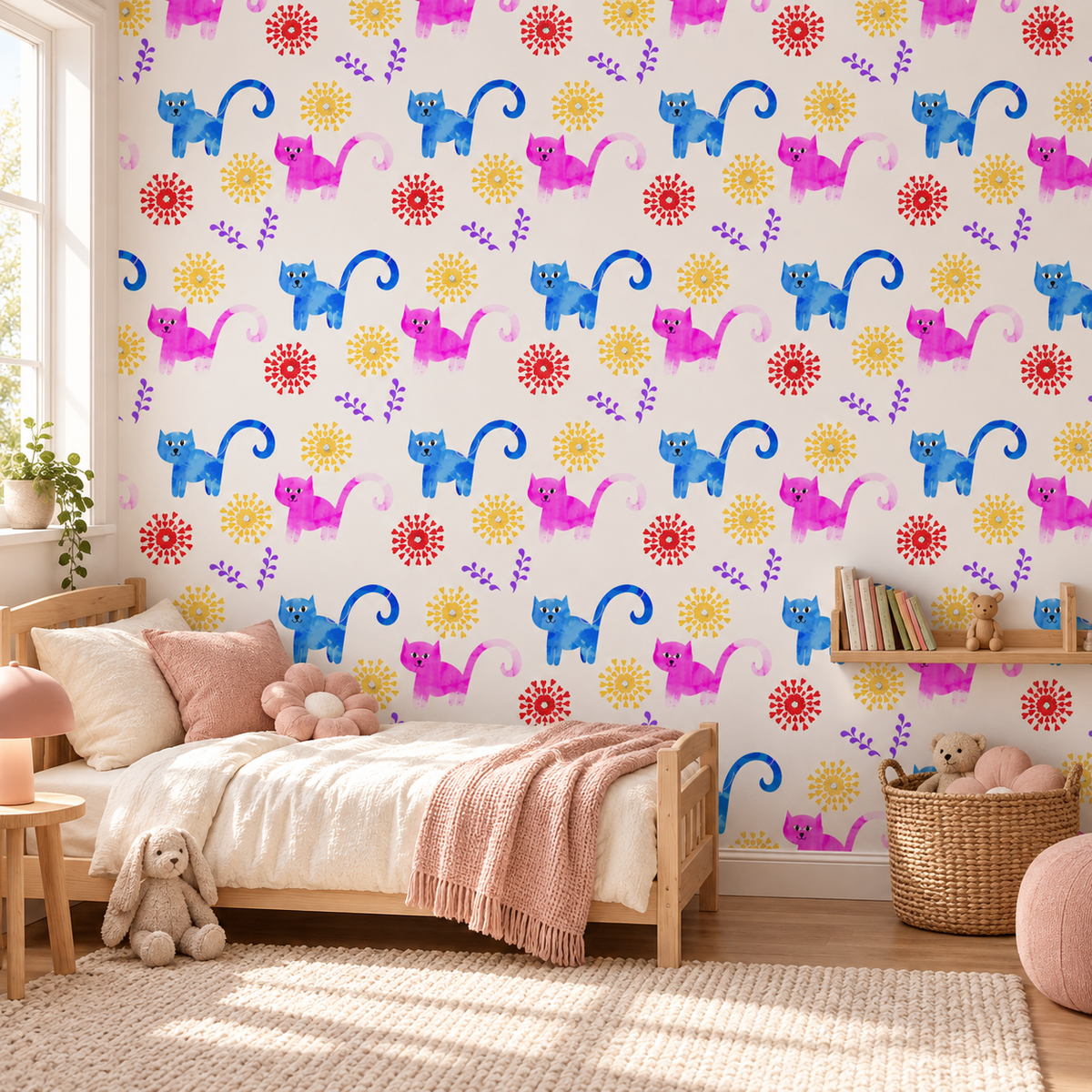 Playful Kittens peel and stick wallpaper styled on a feature wall