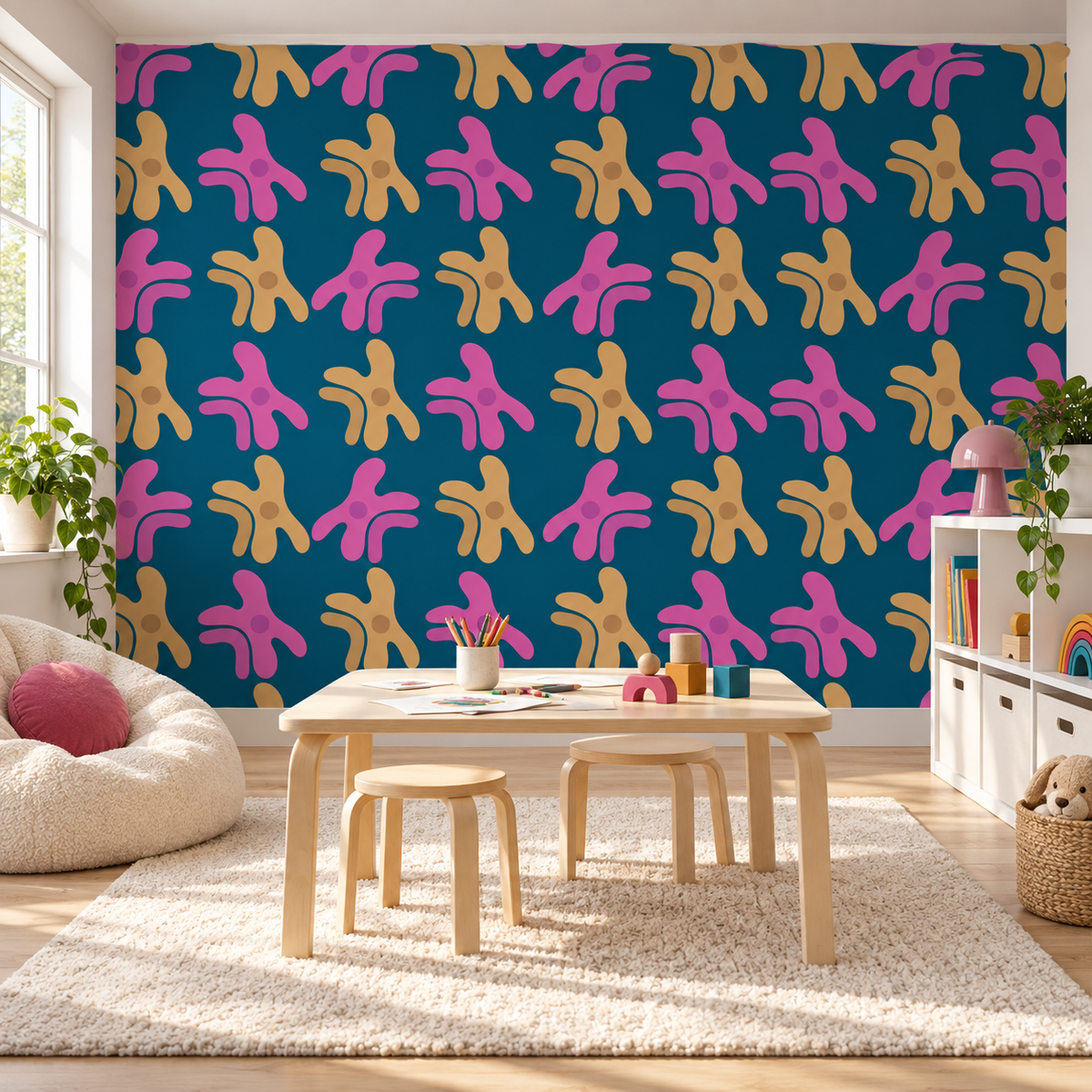 Playful Splashes peel and stick wallpaper styled on a feature wall