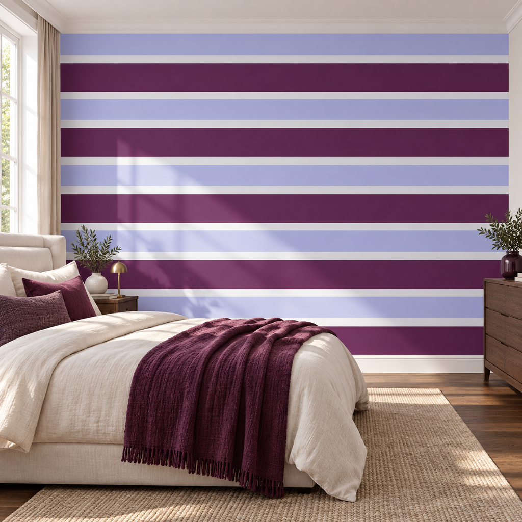 Plum Harmony, peel and stick wallpaper styled on a feature wall