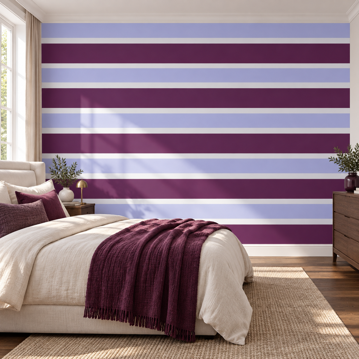 Plum Harmony, peel and stick wallpaper styled on a feature wall