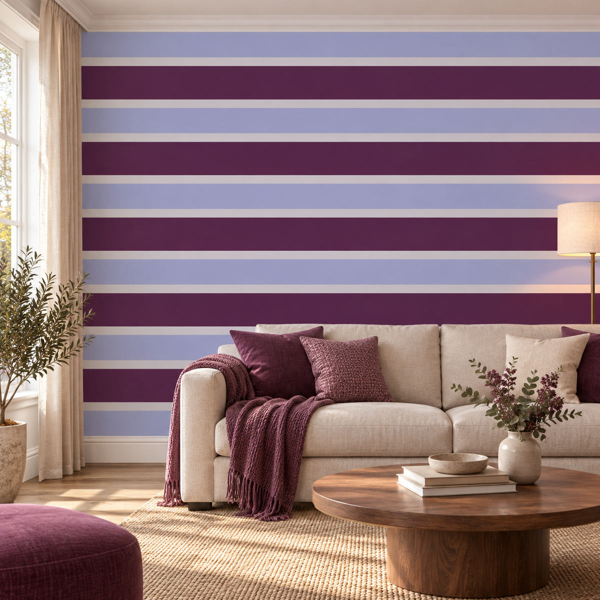 Plum Horizon, peel and stick wallpaper styled on a feature wall
