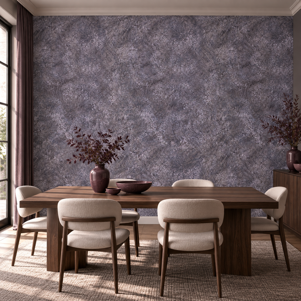 Plum Plaster, peel and stick wallpaper styled on a feature wall