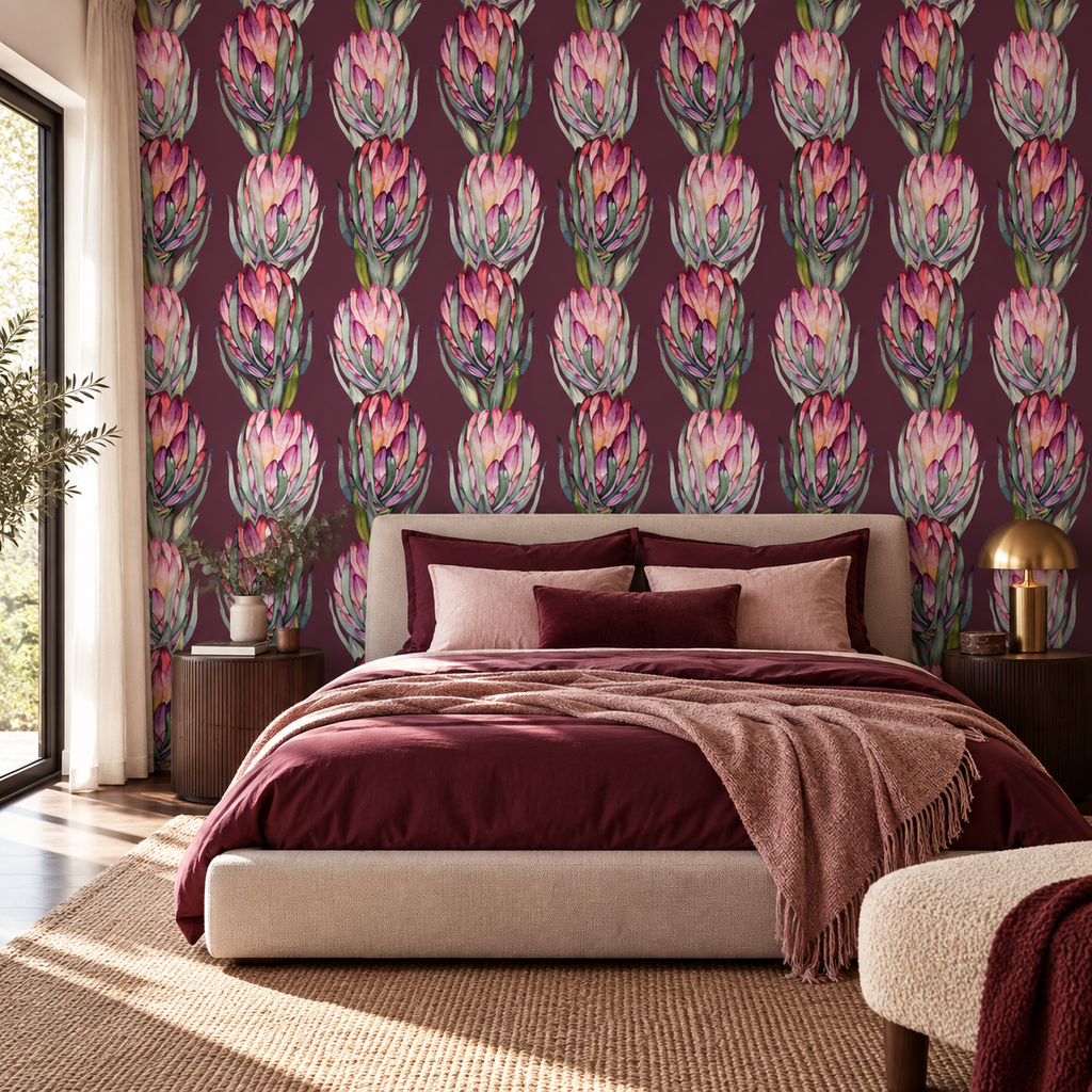 Plum Protea peel and stick wallpaper styled in a bedroom