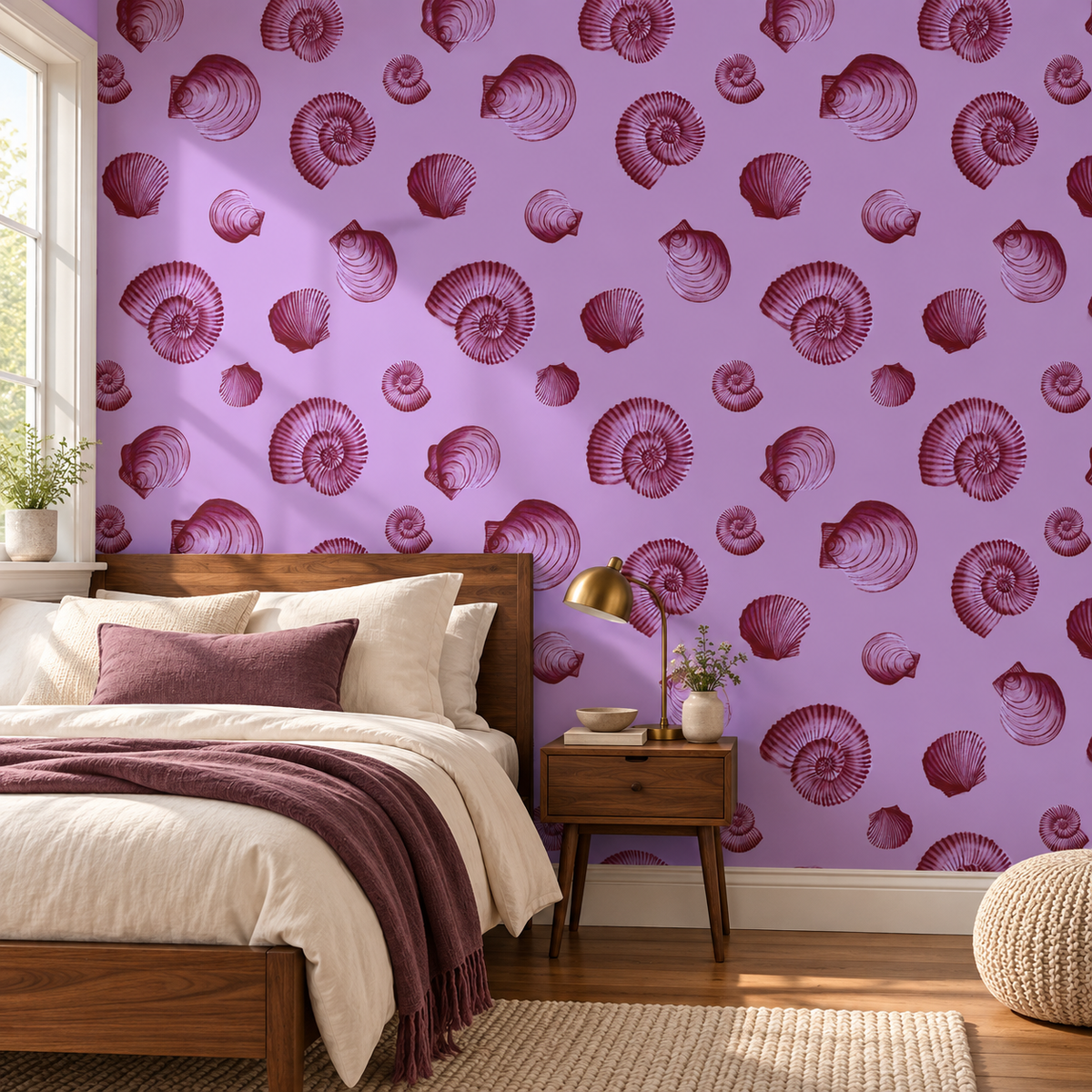 Plum Shells peel and stick wallpaper styled on a feature wall