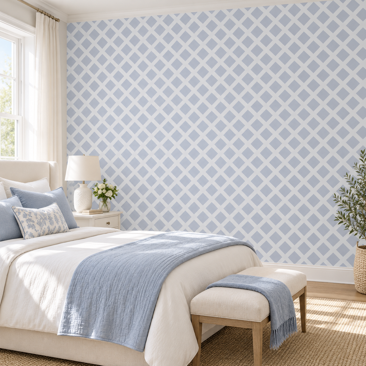 Powder Diamonds, peel and stick wallpaper styled on a feature wall