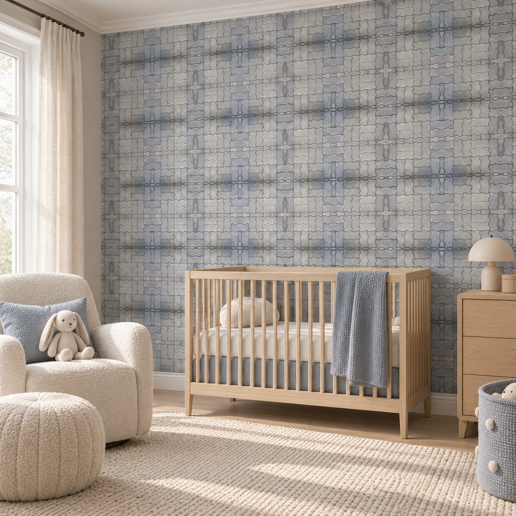 Powder Plaid, peel and stick wallpaper styled on a feature wall