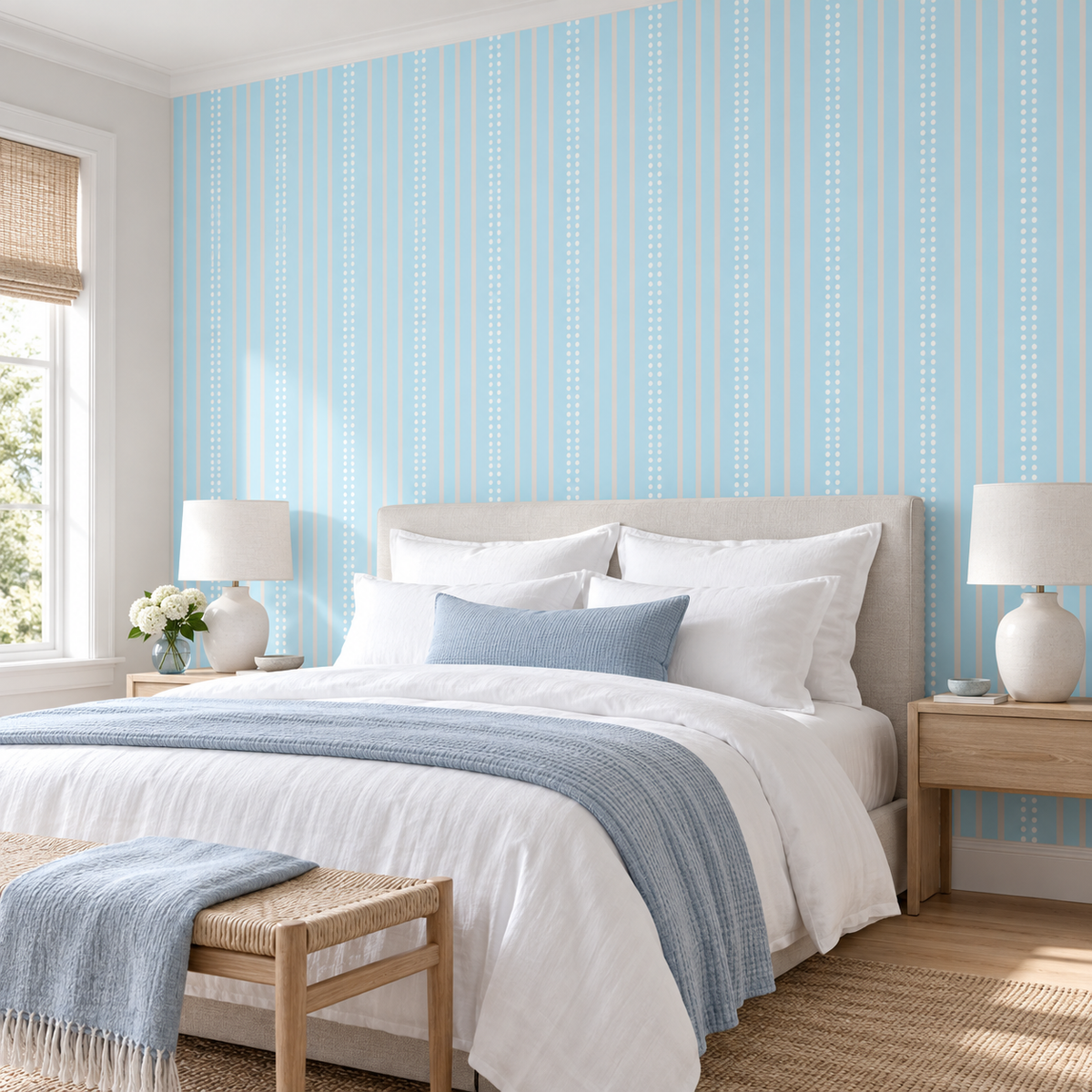 Powder Stripes, peel and stick wallpaper styled on a feature wall