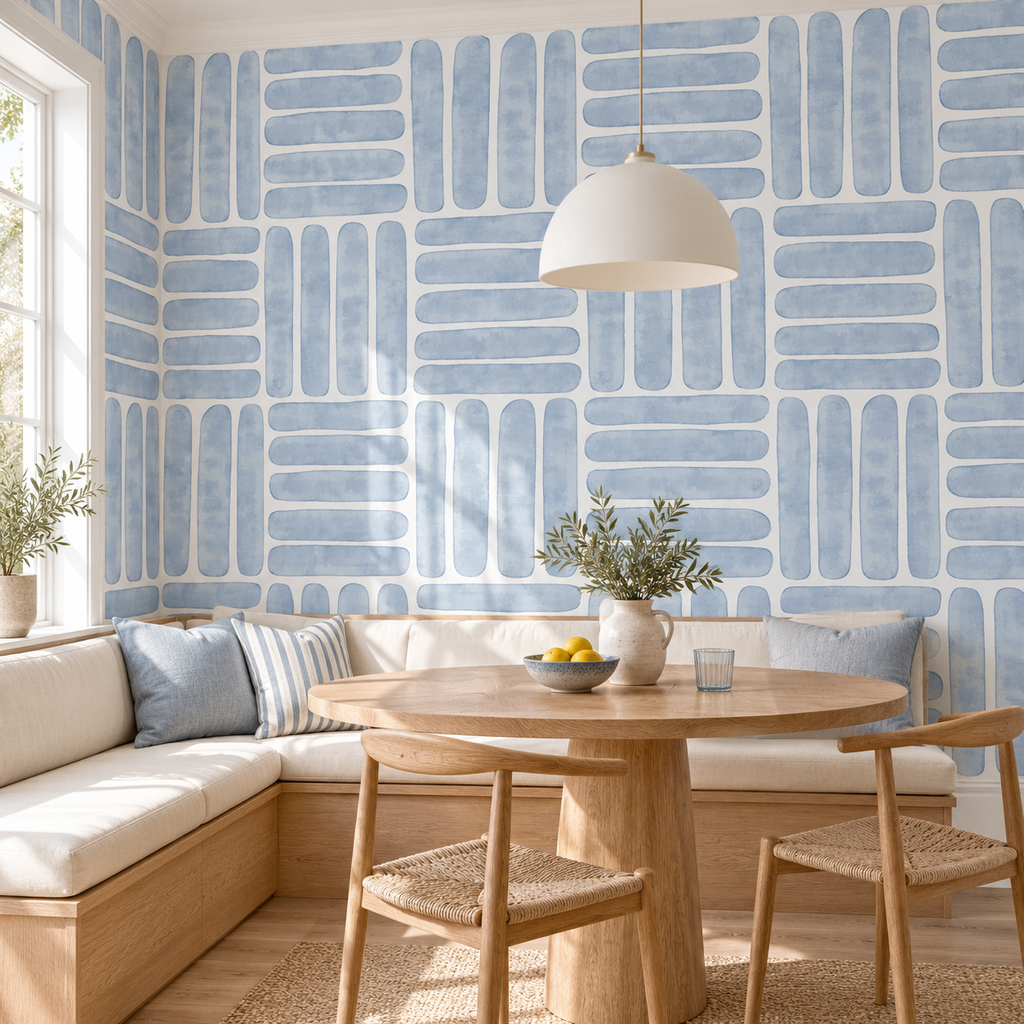 Powder Strokes, peel and stick wallpaper styled on a feature wall