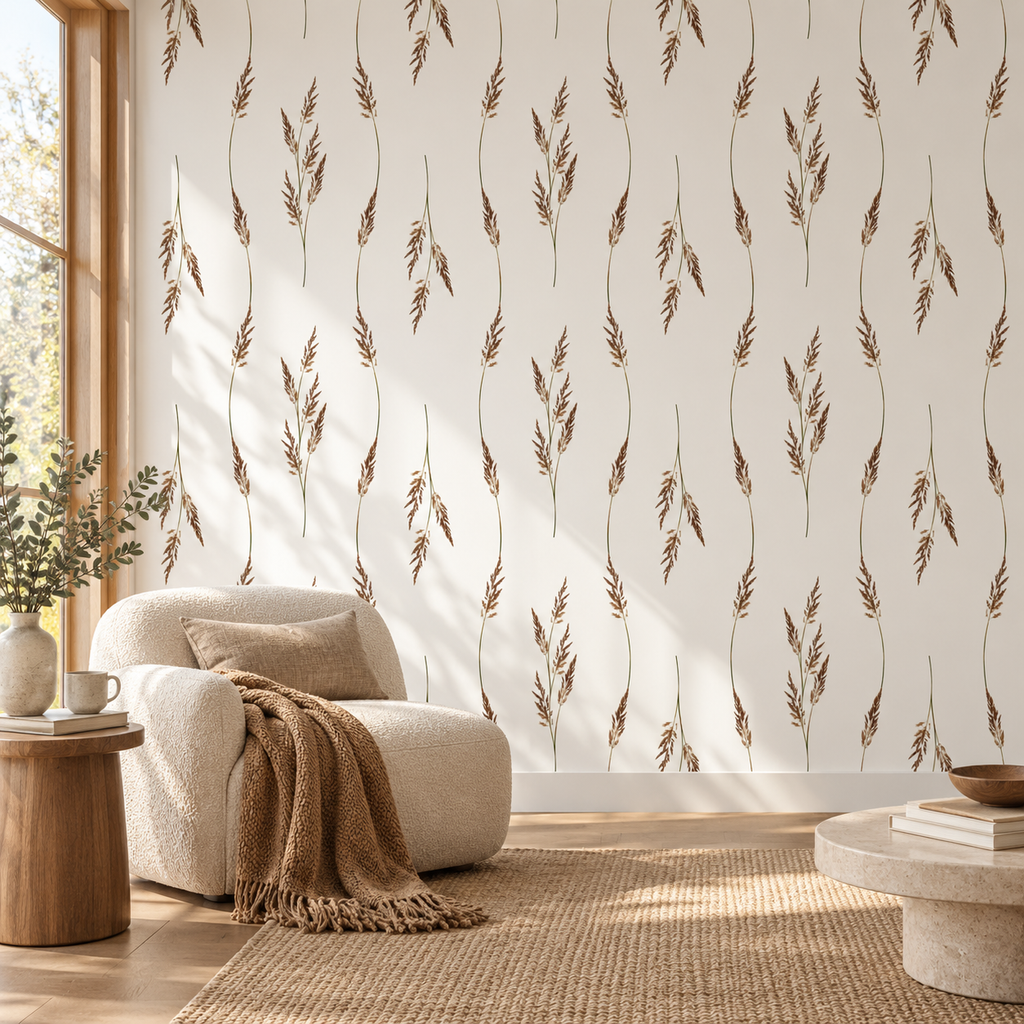 Prairie Stems, peel and stick wallpaper styled on a feature wall