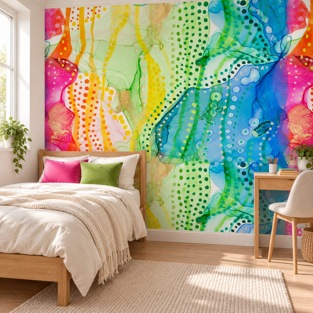 Prism Flow peel and stick wallpaper styled on a feature wall