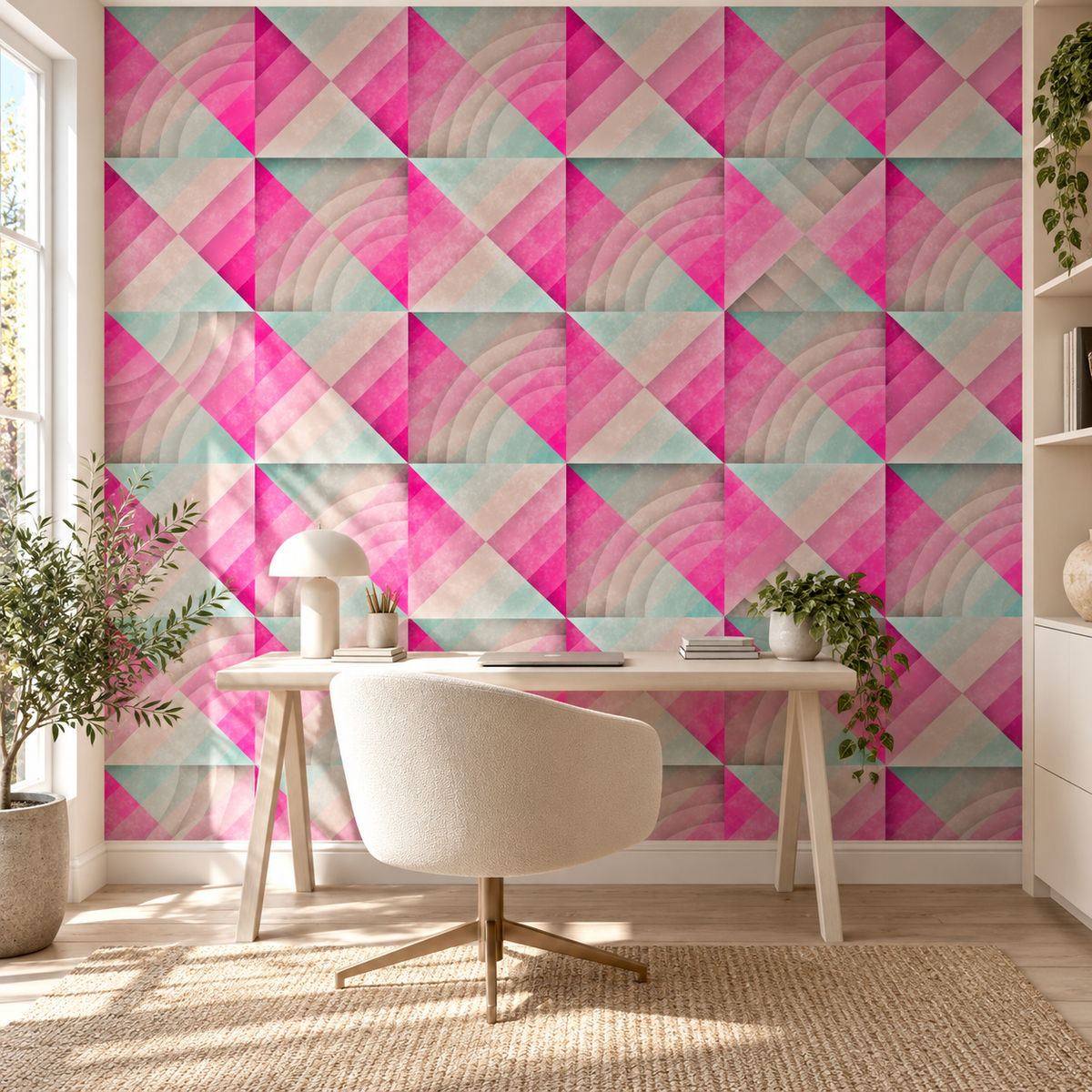Prism Reverie, peel and stick wallpaper styled on a feature wall