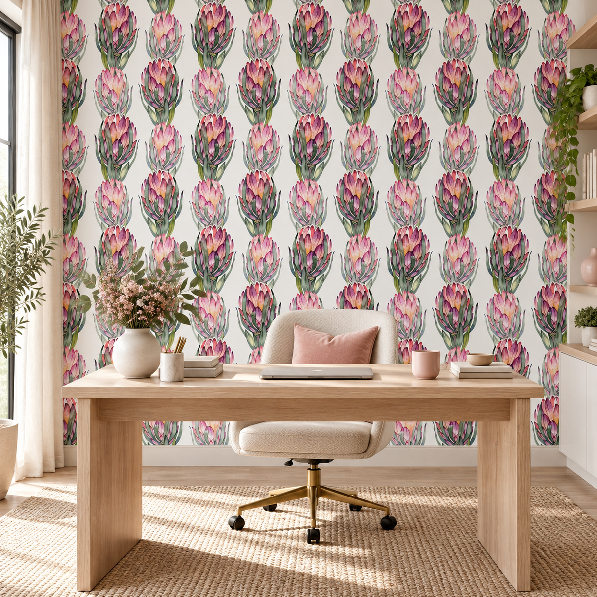 Protea Bloom peel and stick wallpaper styled in a home office