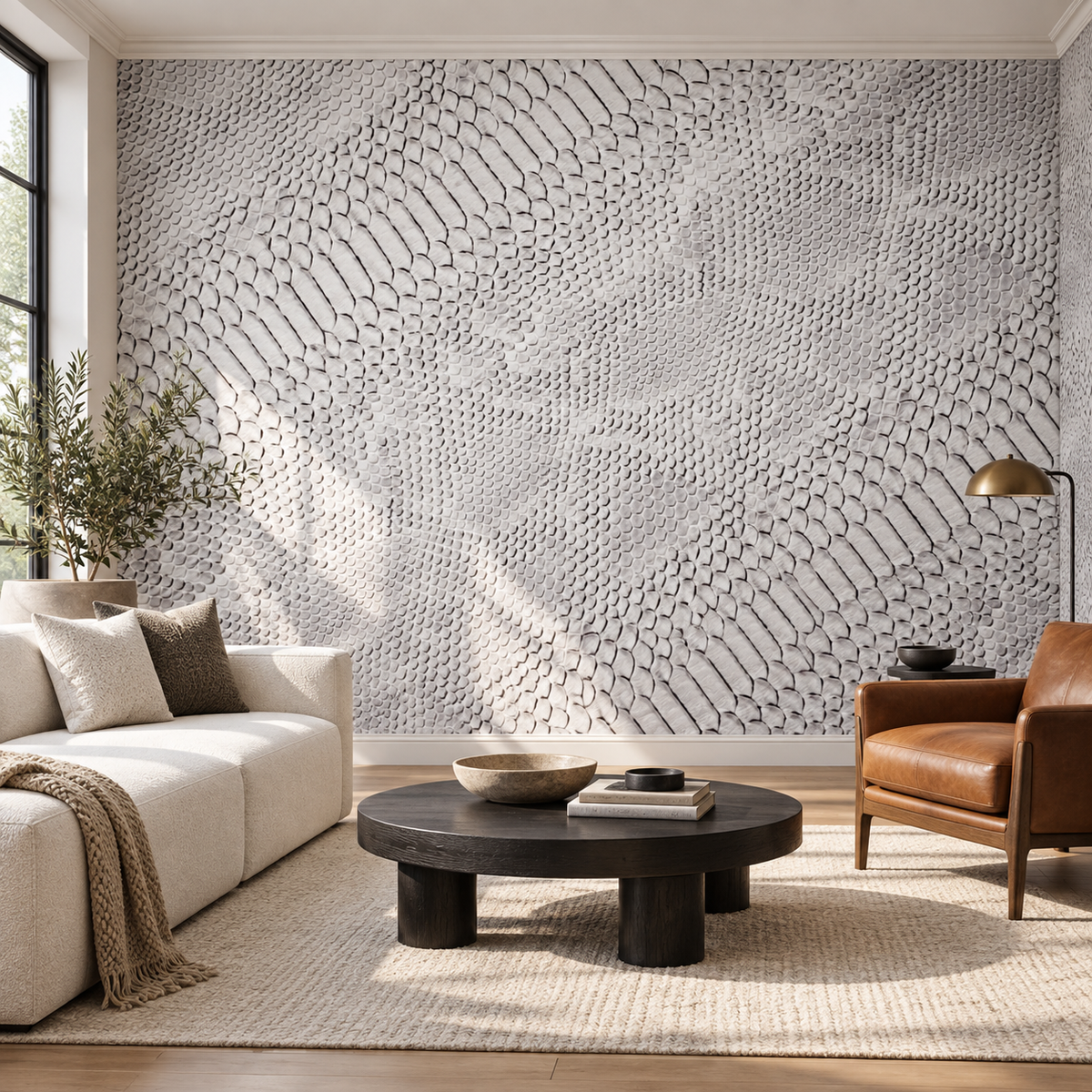 Python Skin, peel and stick wallpaper styled on a feature wall