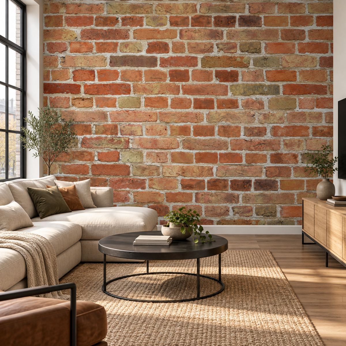Red Brick, peel and stick wallpaper styled on a feature wall