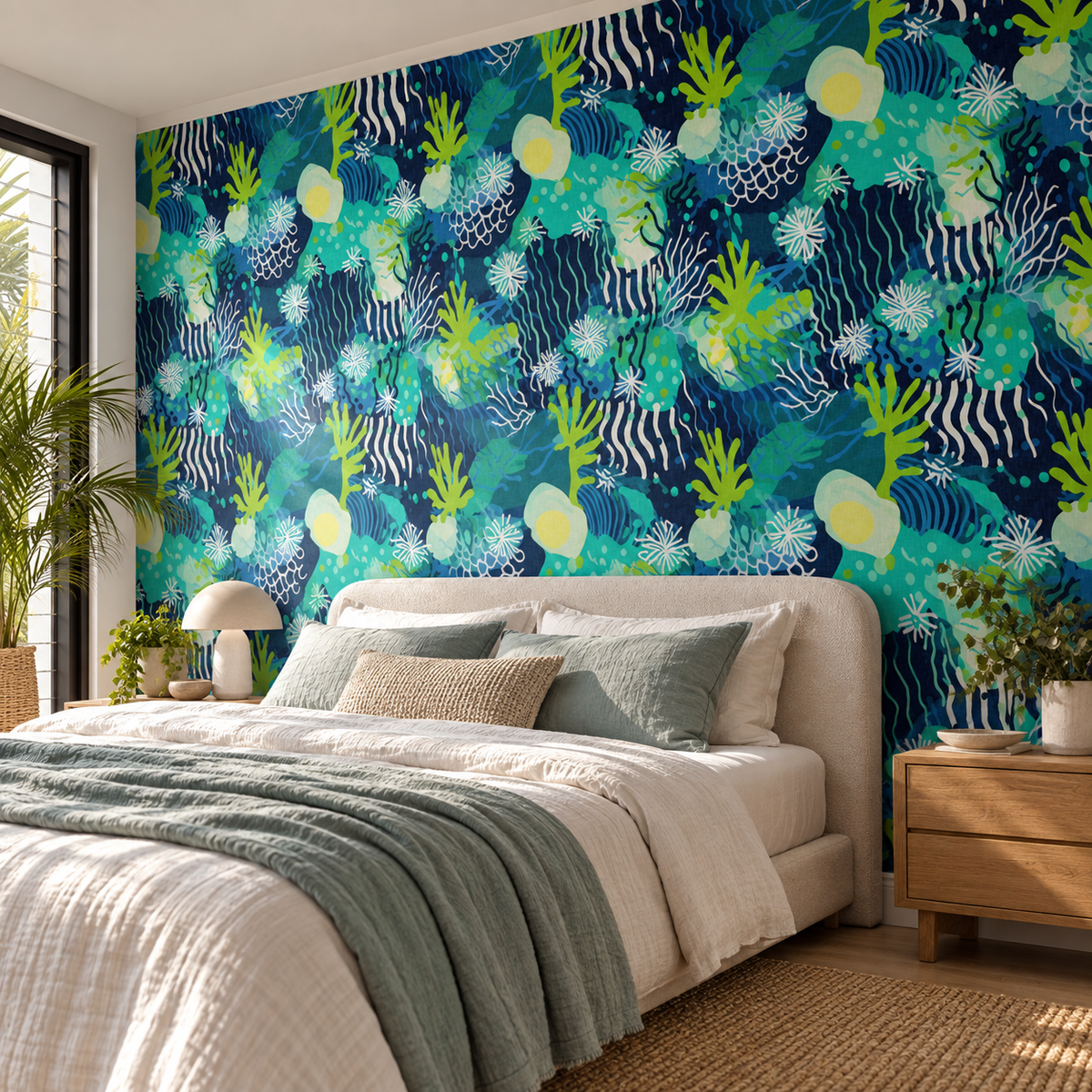 Reef Garden, peel and stick wallpaper styled on a feature wall