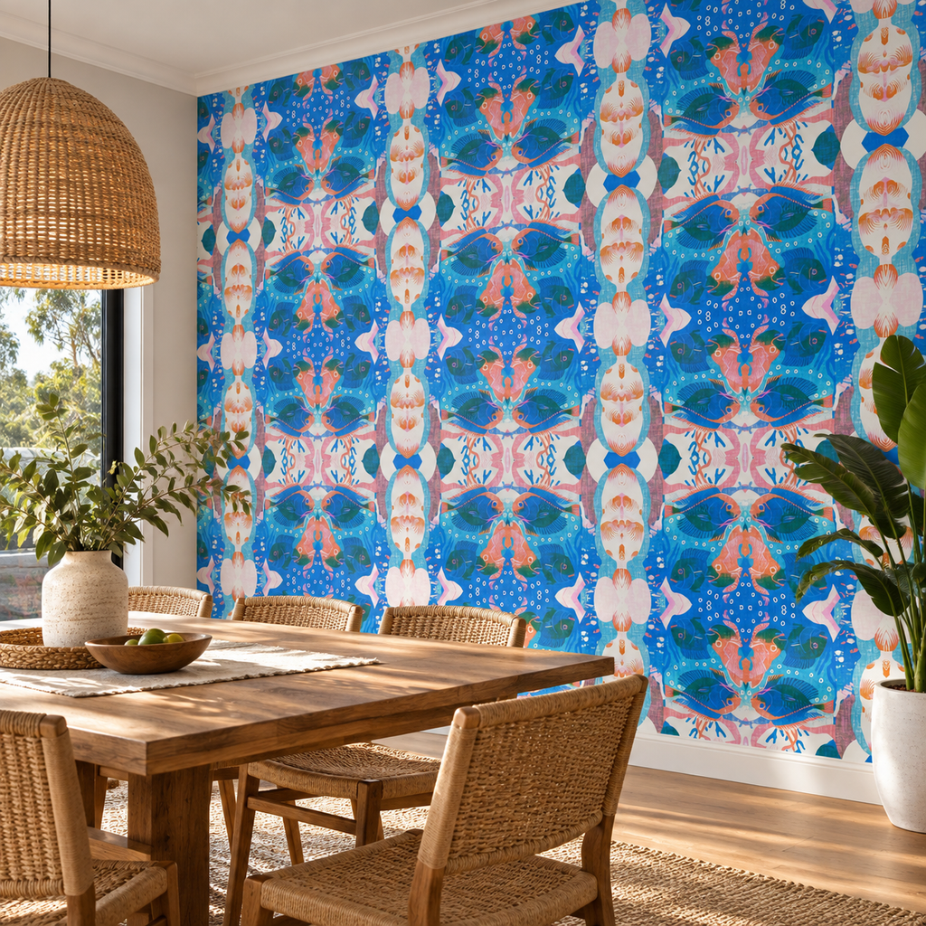 Reef Kaleidoscope, peel and stick wallpaper styled on a feature wall