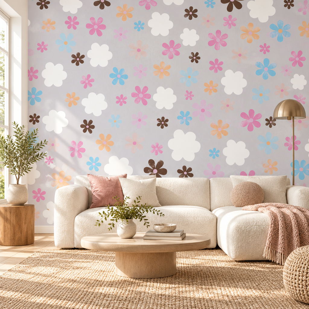 Retro Bloom, peel and stick wallpaper styled on a feature wall