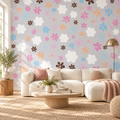 Retro Bloom, peel and stick wallpaper styled on a feature wall