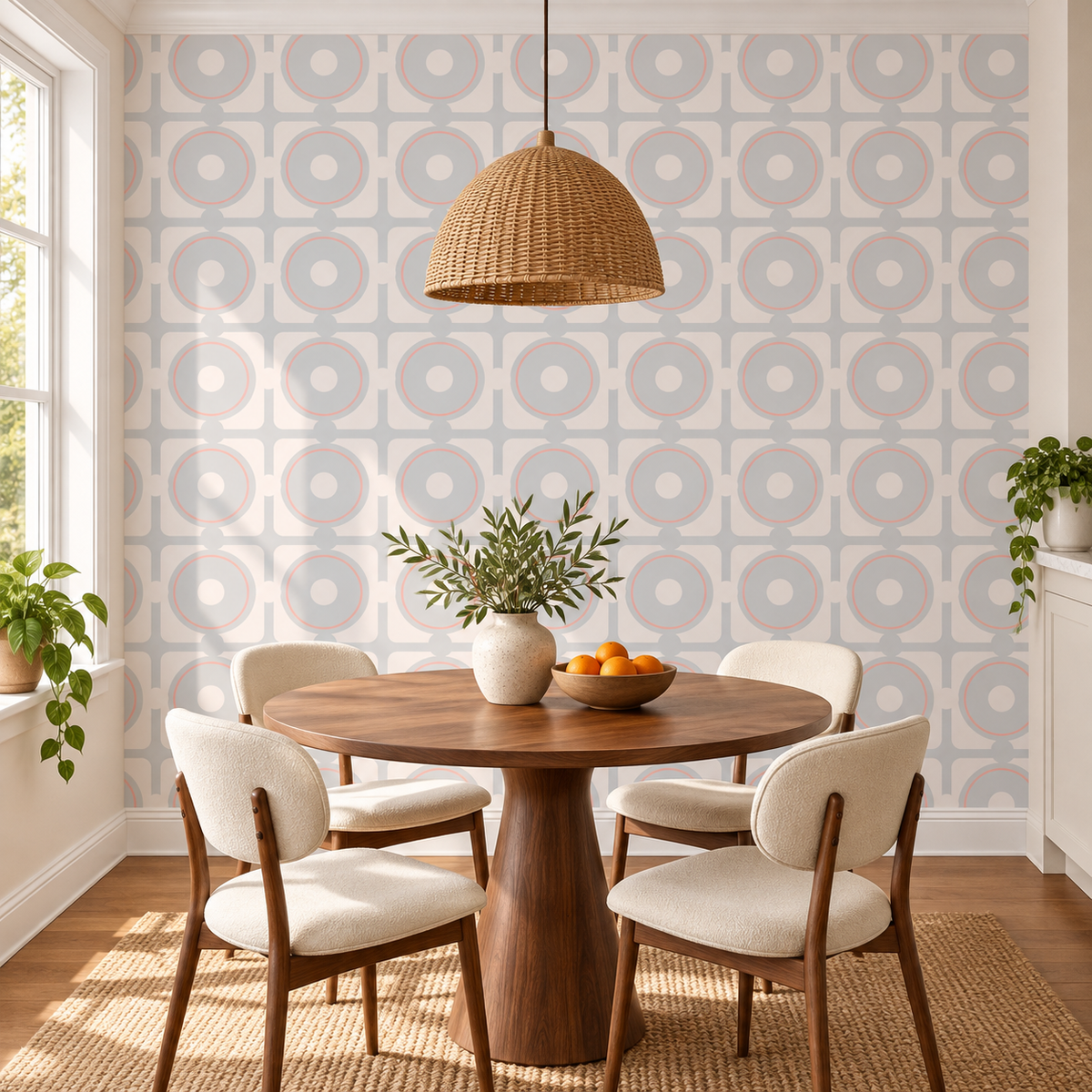 Retro Circles, peel and stick wallpaper styled on a feature wall