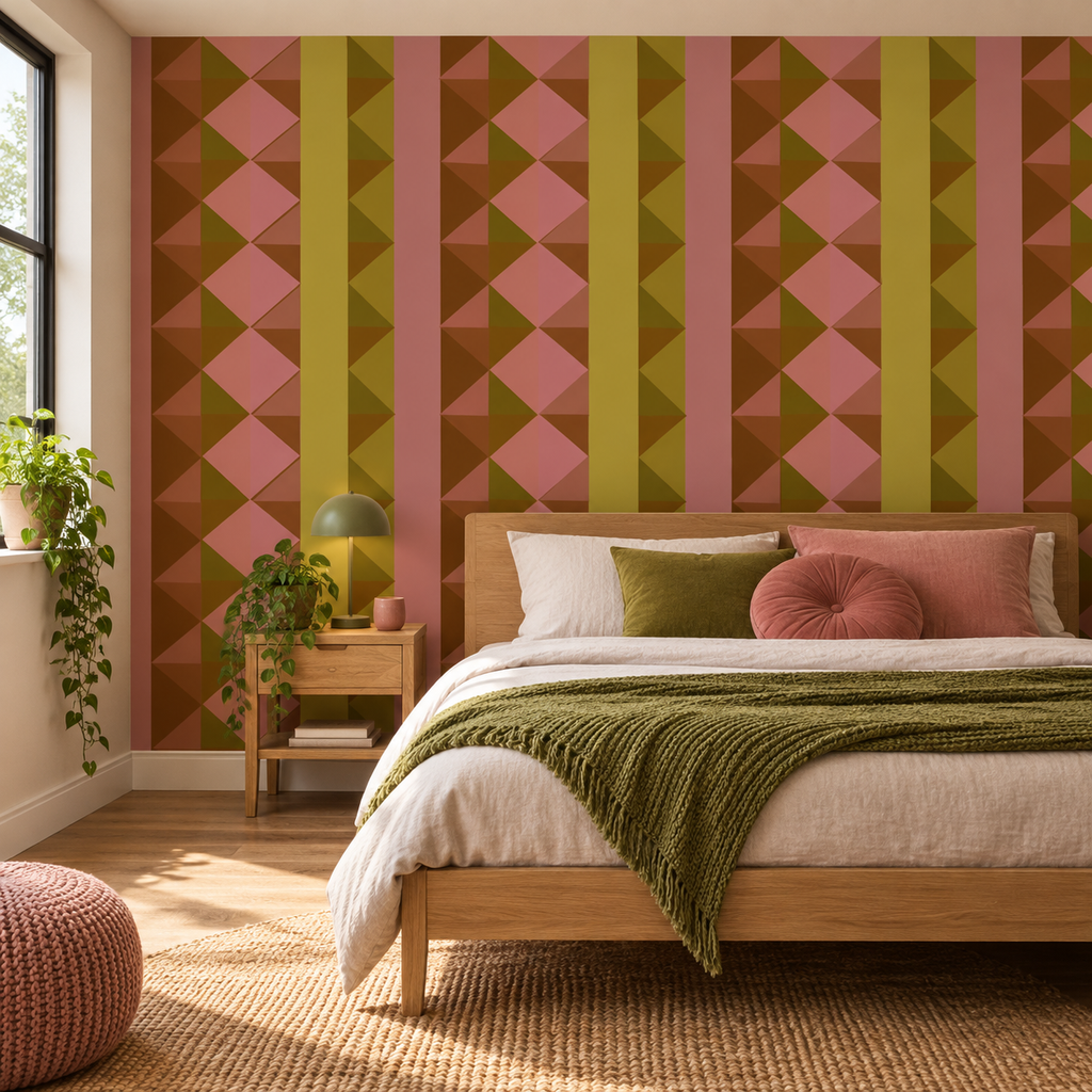 Retro Prism, peel and stick wallpaper styled on a feature wall