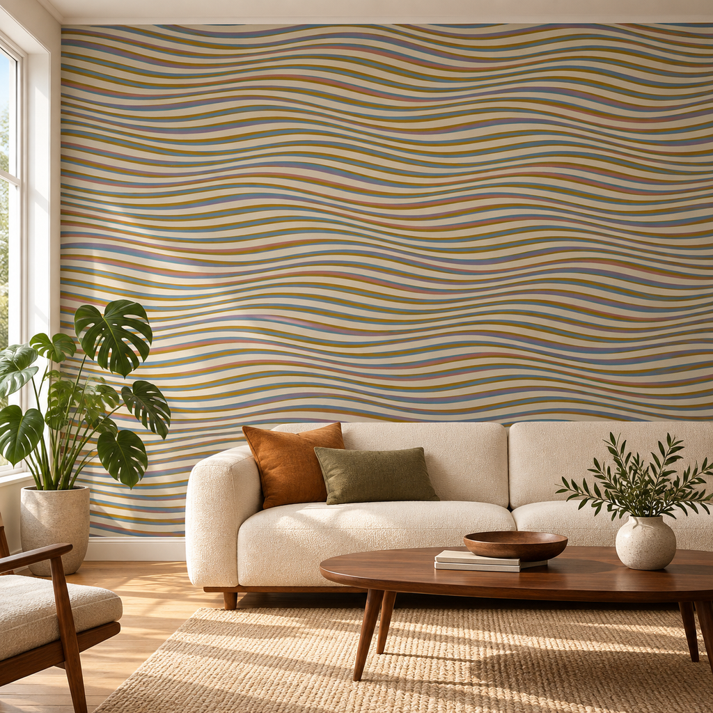 Retro Waves, peel and stick wallpaper styled on a feature wall
