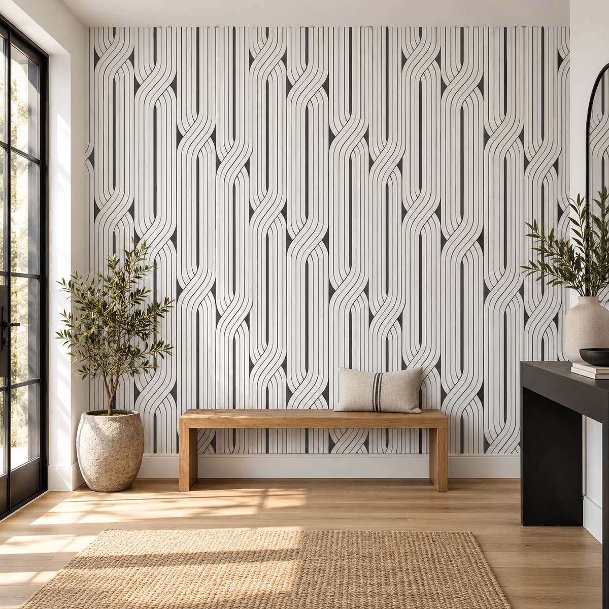 Ribbon Columns, peel and stick wallpaper styled on a feature wall