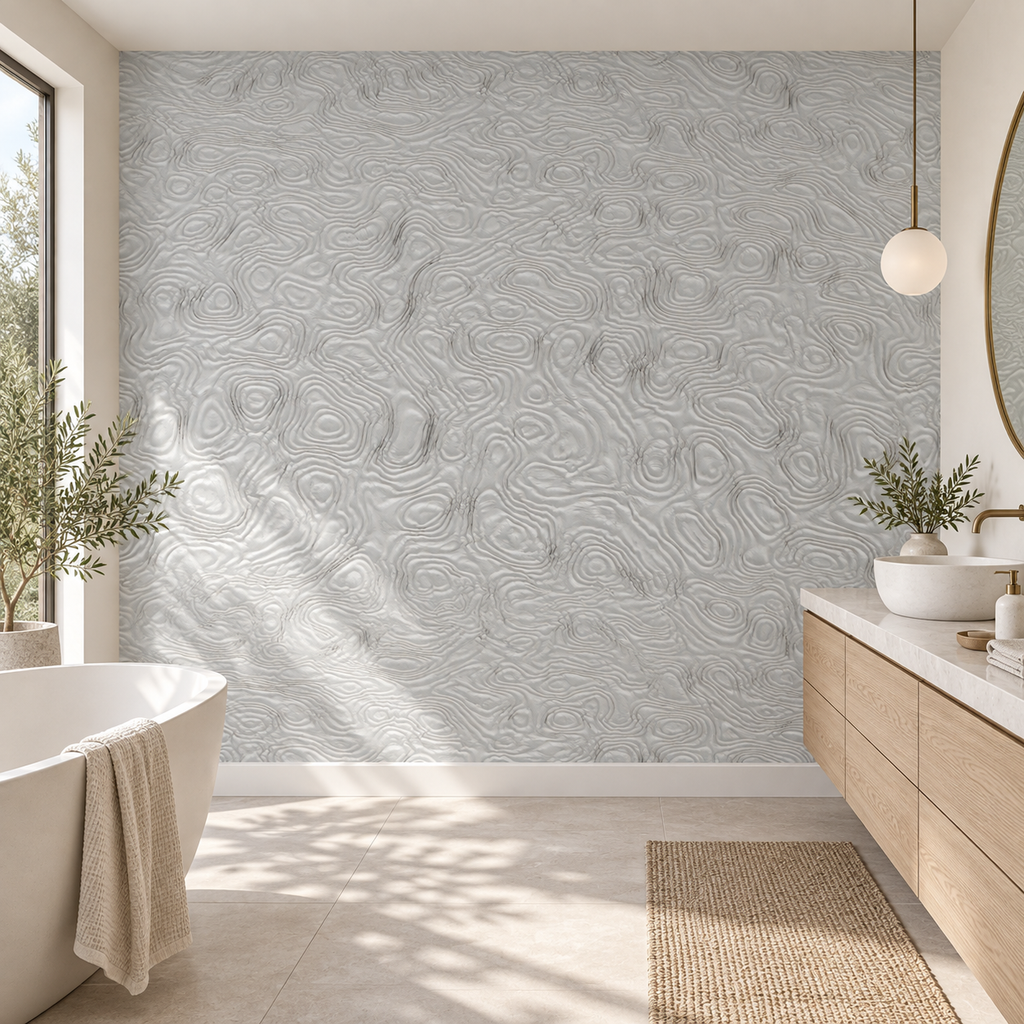 Ripple Emboss, peel and stick wallpaper styled on a feature wall