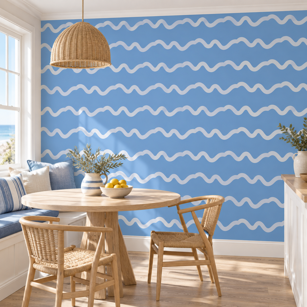 Ripple Lines, peel and stick wallpaper styled on a feature wall
