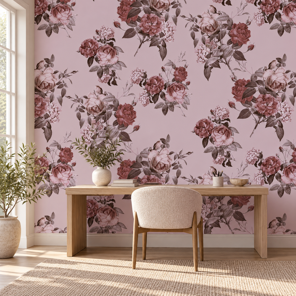 Rose Ensemble, peel and stick wallpaper styled on a feature wall
