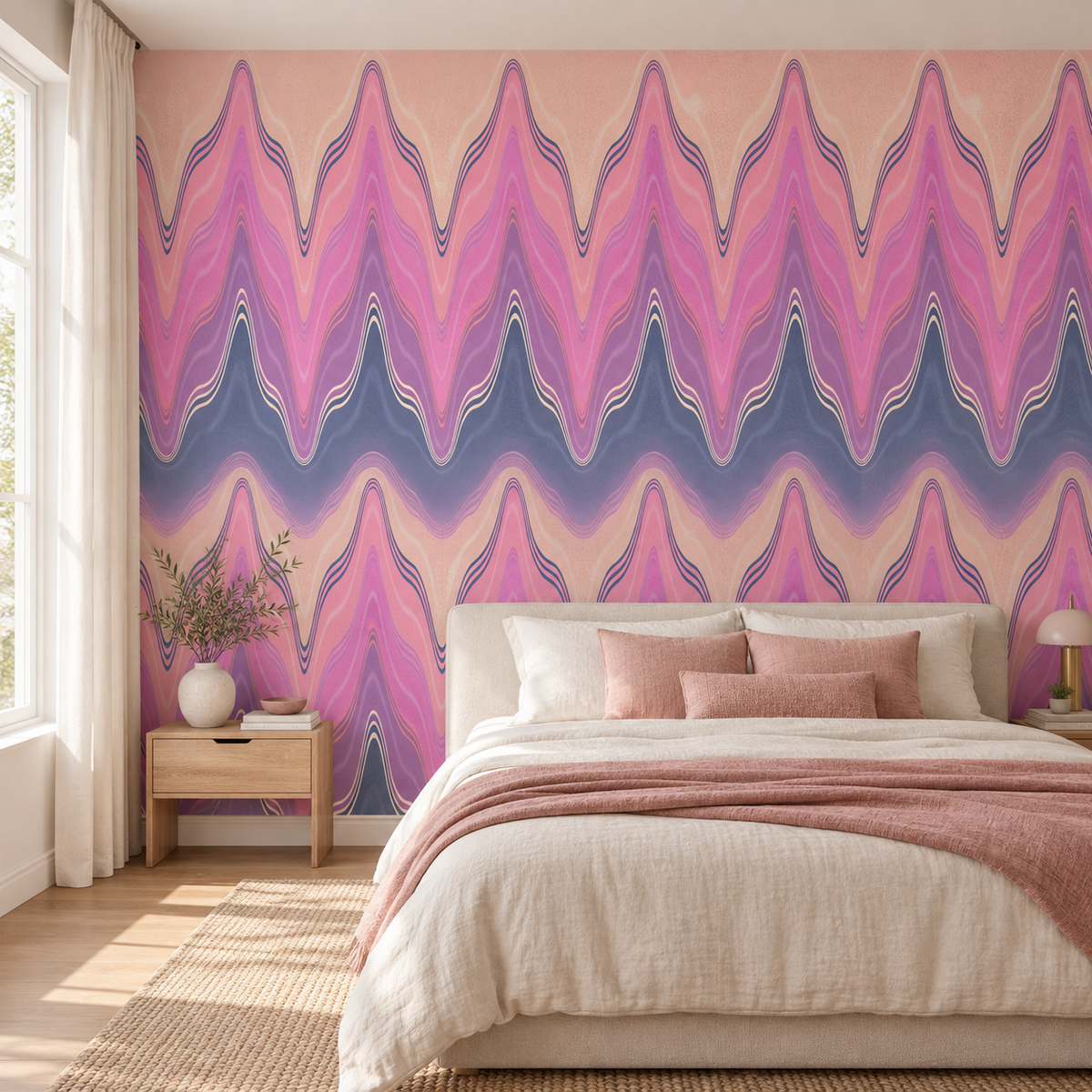 Rose Marble, peel and stick wallpaper styled on a feature wall