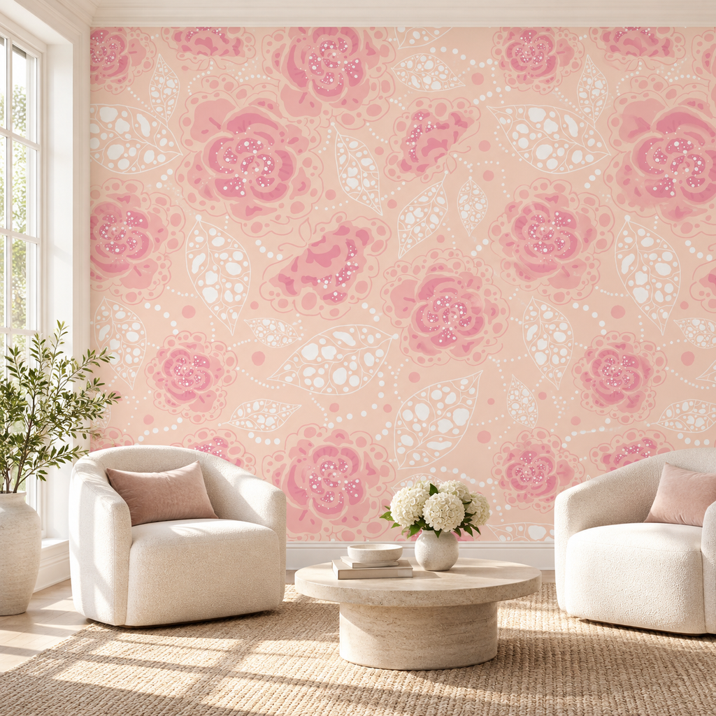 Rose Meadow, peel and stick wallpaper styled on a feature wall