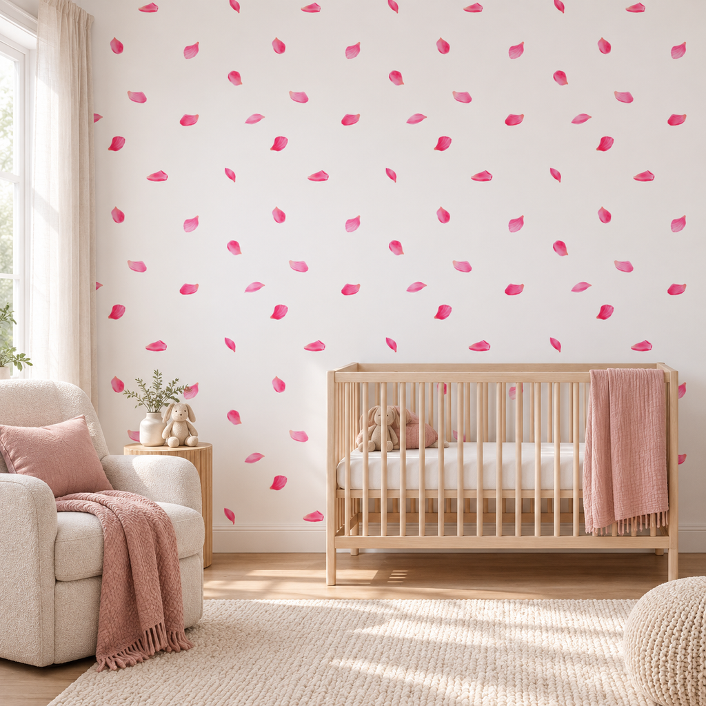 Rose Scatter peel and stick wallpaper styled on a feature wall