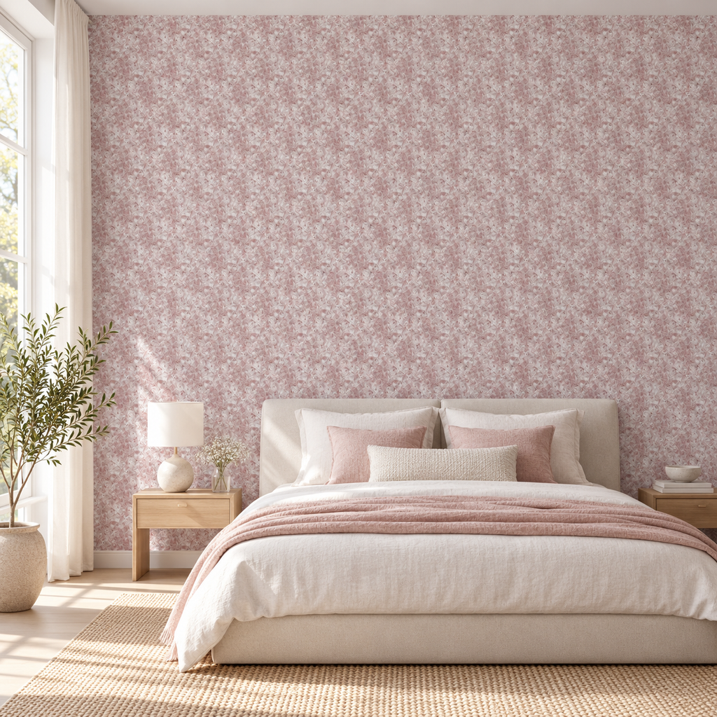 Rosette Ditsy, peel and stick wallpaper styled on a feature wall