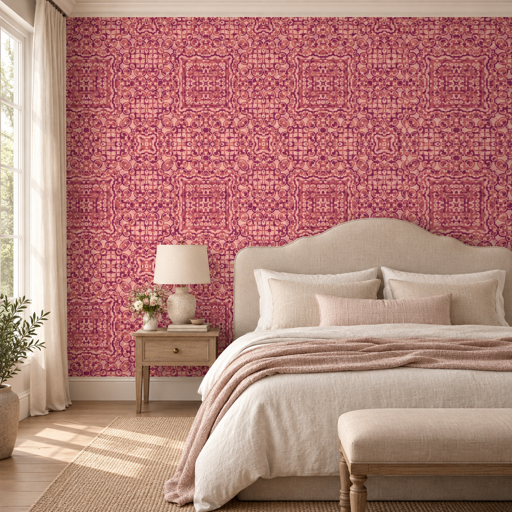 Rosette Tapestry, peel and stick wallpaper styled on a feature wall