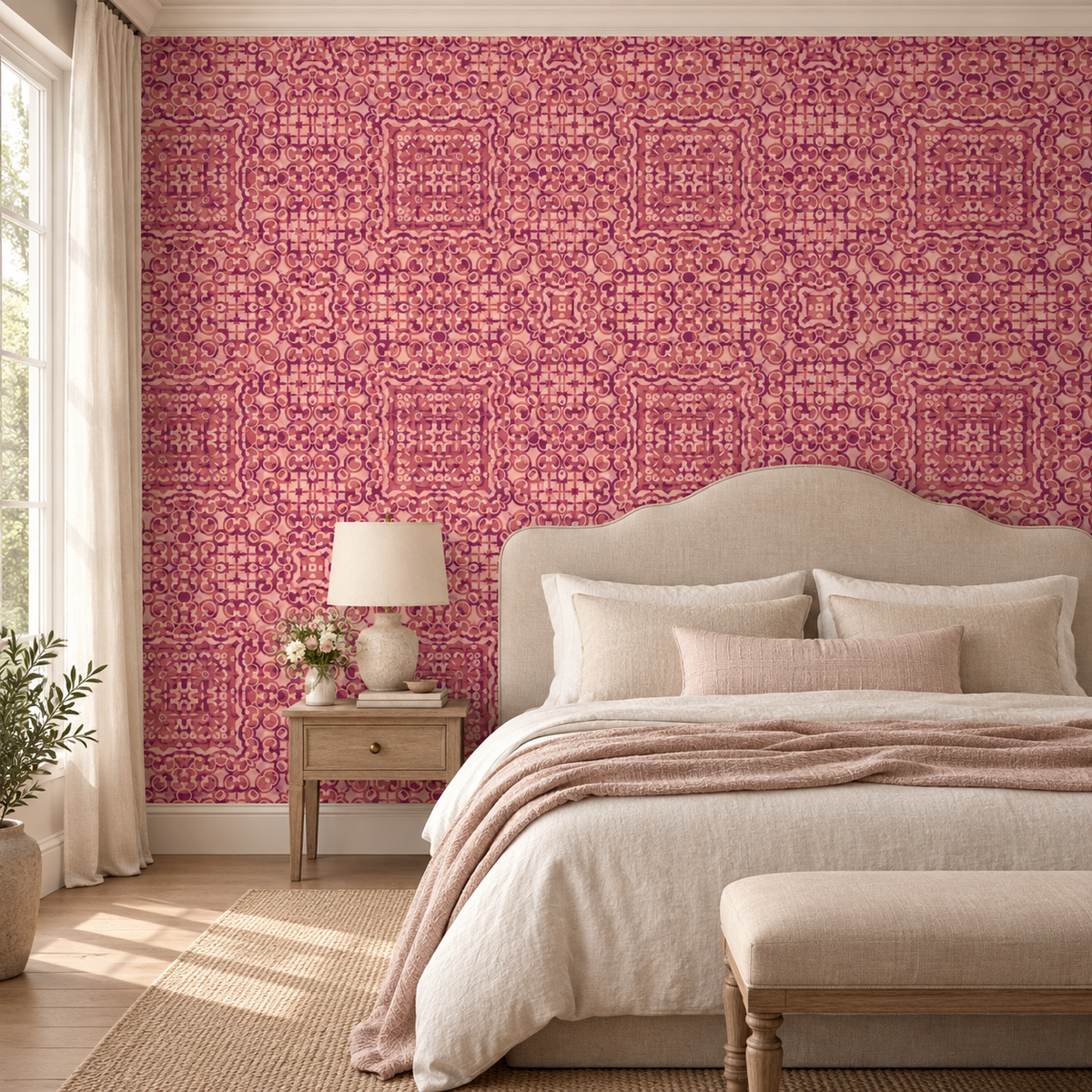 Rosette Tapestry, peel and stick wallpaper styled on a feature wall