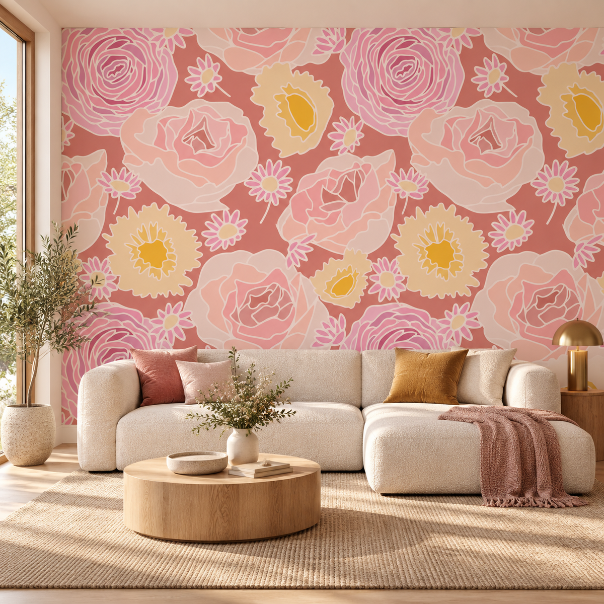 Rosy Bouquet, peel and stick wallpaper styled on a feature wall