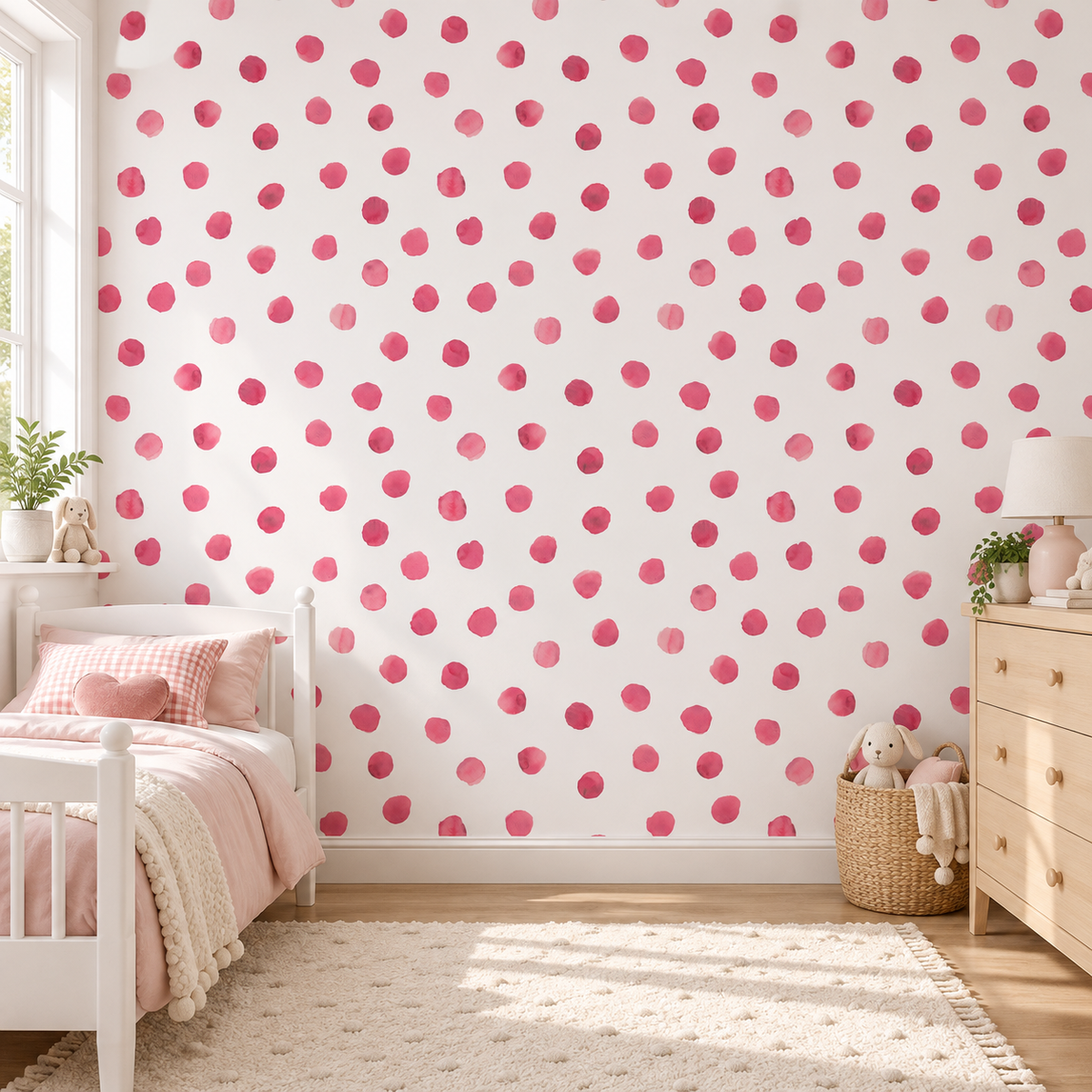 Rosy Dots peel and stick wallpaper styled on a feature wall