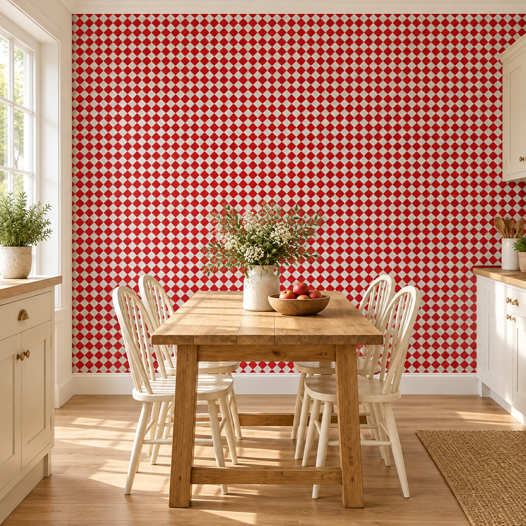 Ruby Gingham, peel and stick wallpaper styled on a feature wall