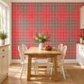 Ruby Gingham, peel and stick wallpaper styled on a feature wall