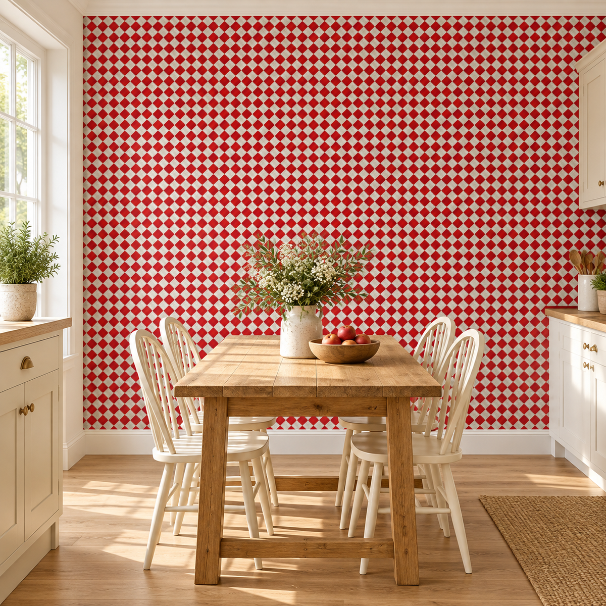 Ruby Gingham, peel and stick wallpaper styled on a feature wall