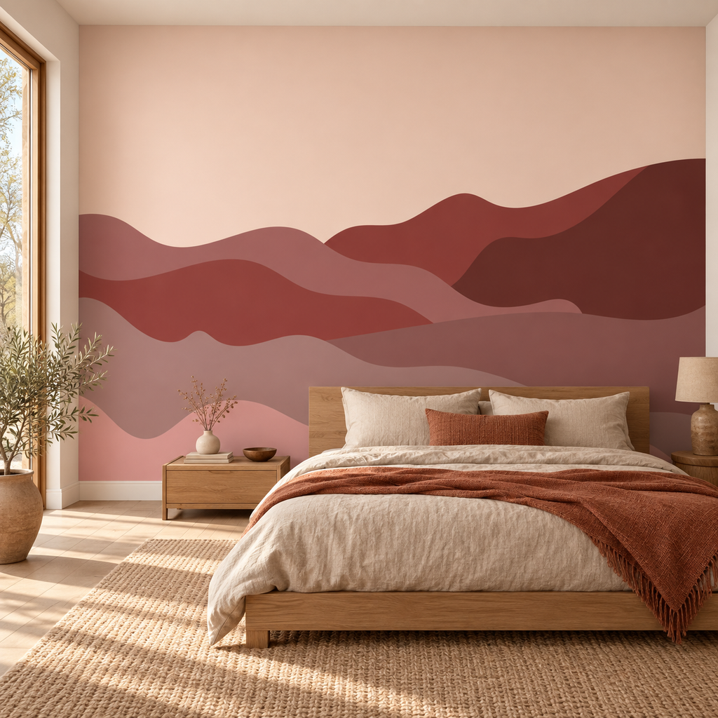Rust Valleys, peel and stick wallpaper styled on a feature wall