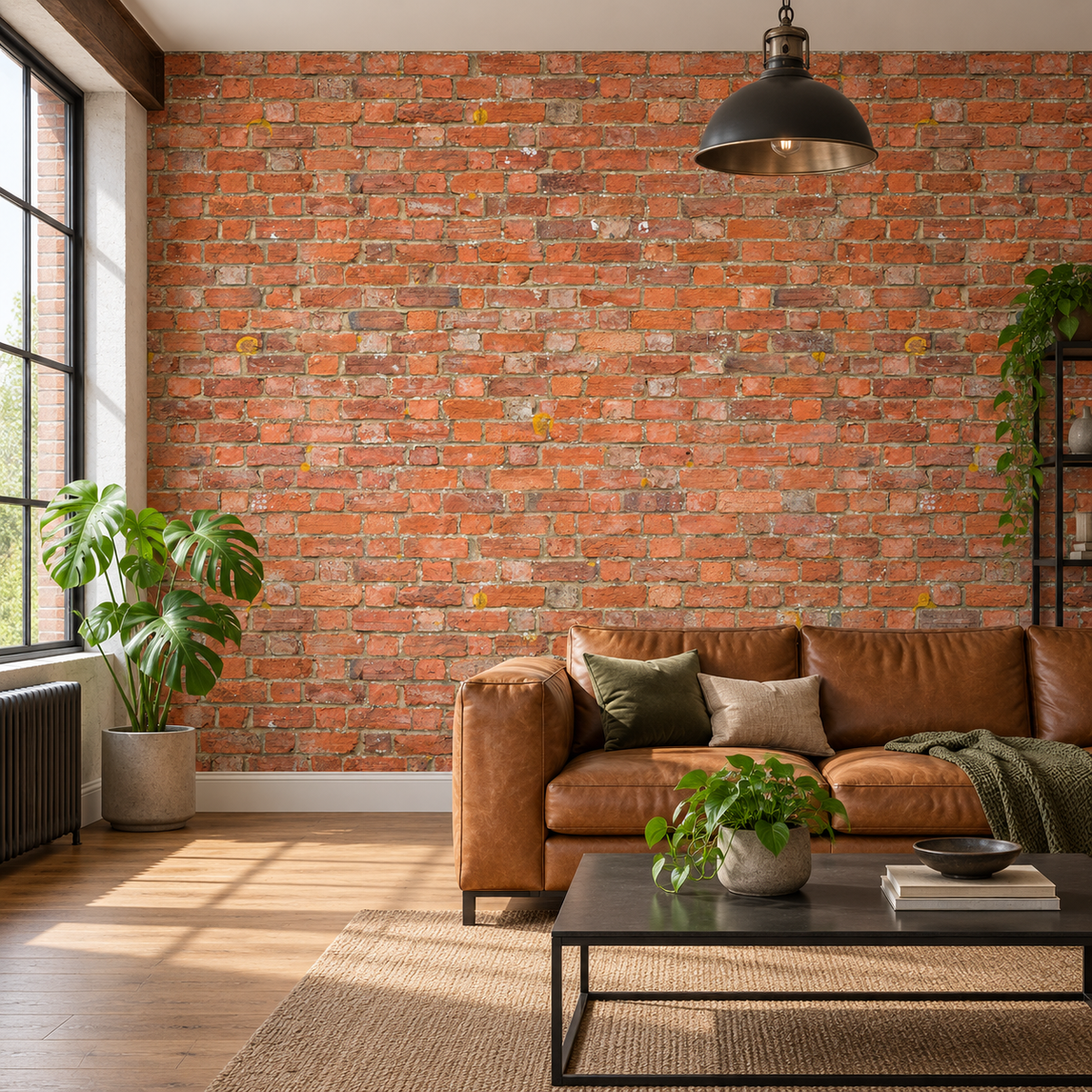 Exposed Brick, peel and stick wallpaper styled on a feature wall